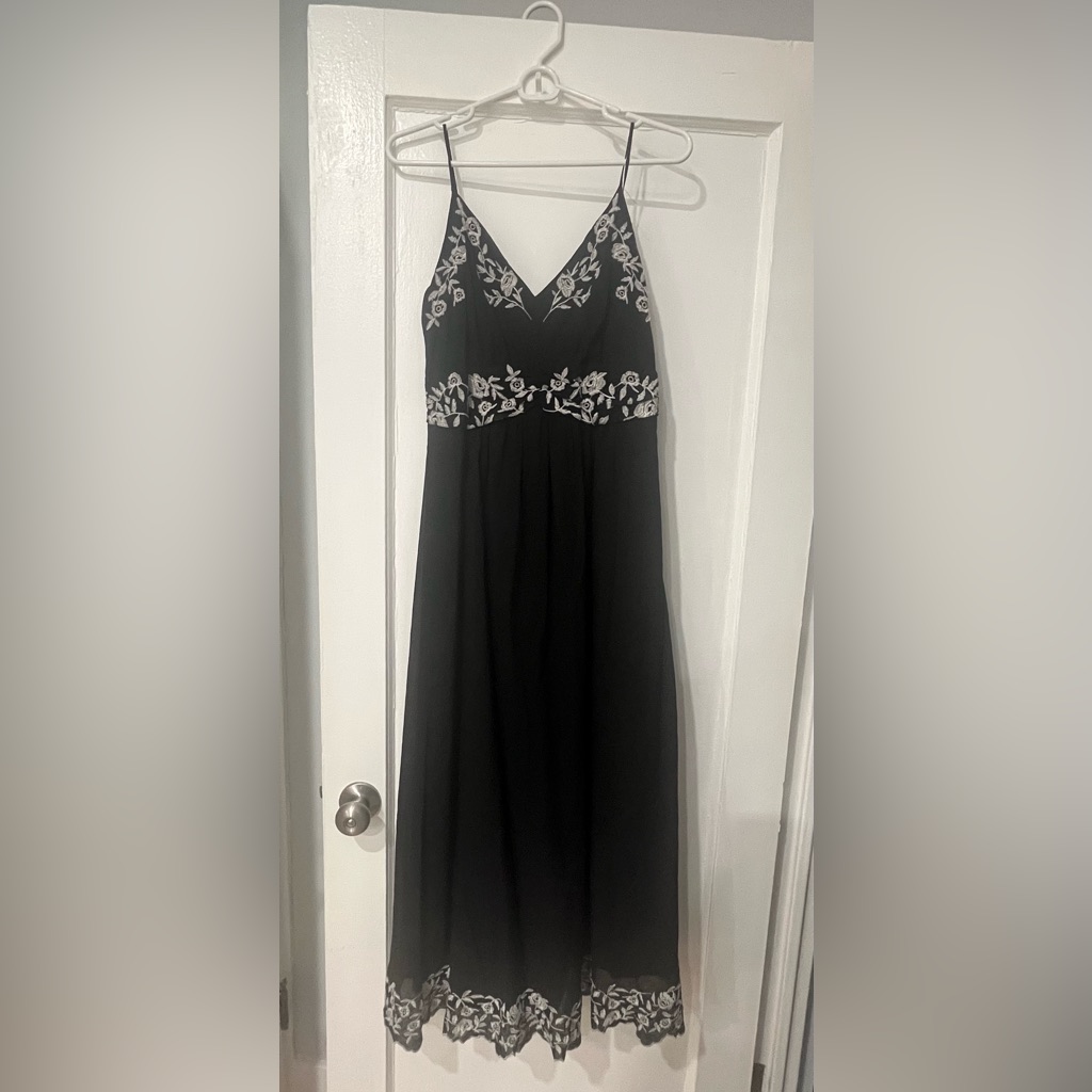 Lucky Brand Black Maxi Drwss With White Embroidered Floral Trim, Size Medium